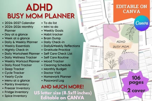 Download ADHD Busy Mom Planner - Canva Template - Premium Bundle